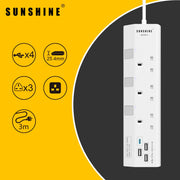 Sunshine 三位獨立開關安全拖板連藍色指示燈+4位USB充電插座