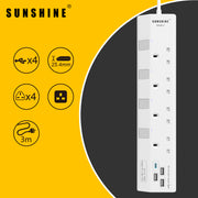 Sunshine 四位獨立開關安全拖板連藍色指示燈+4位USB