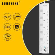 Sunshine 五位獨立開關安全拖板連藍色指示燈+4位USB