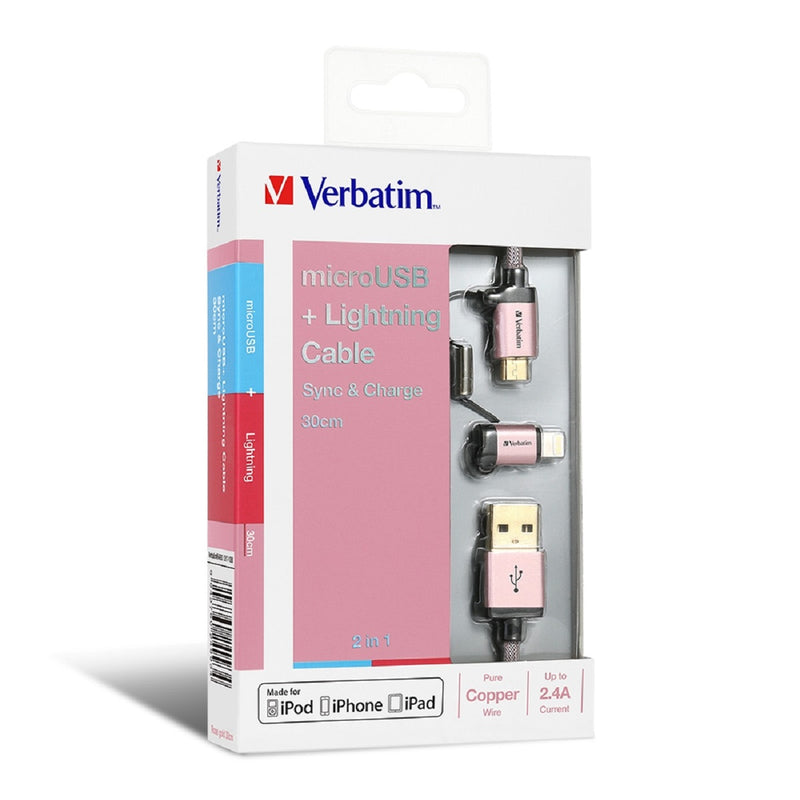 VERBATIM 30厘米Sync & Charge 2 in 1 Micro USB and Lightning 充電傳輸線