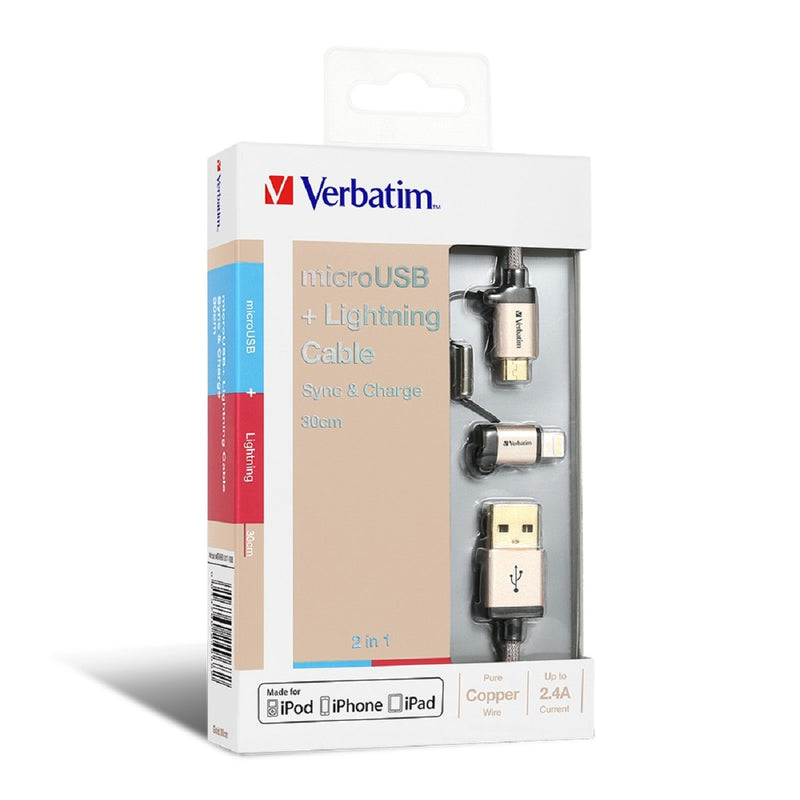 VERBATIM 30厘米Sync & Charge 2 in 1 Micro USB and Lightning 充電傳輸線