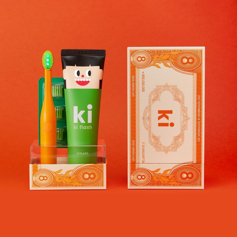 E Flash Ki set 兒童用加強防蛀套裝 (綠光LED牙刷 + 橙色防蛀牙膏)