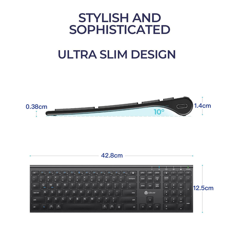 iClever GK20 Ultra-thin and Silent USB-C + USB-A Dual-head Wireless Full-size Keyboard
