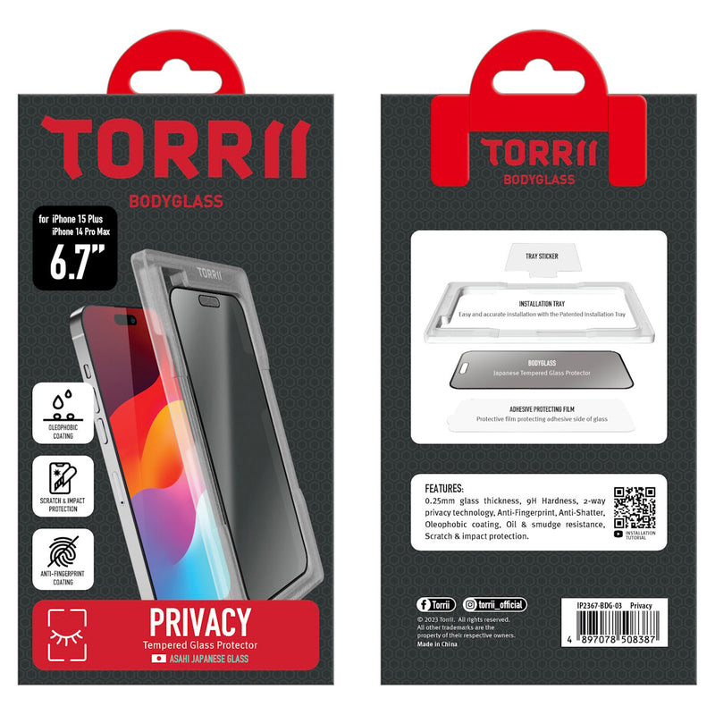 Torrii Privacy BODYGLASS screen protector for iPhone 15 Plus