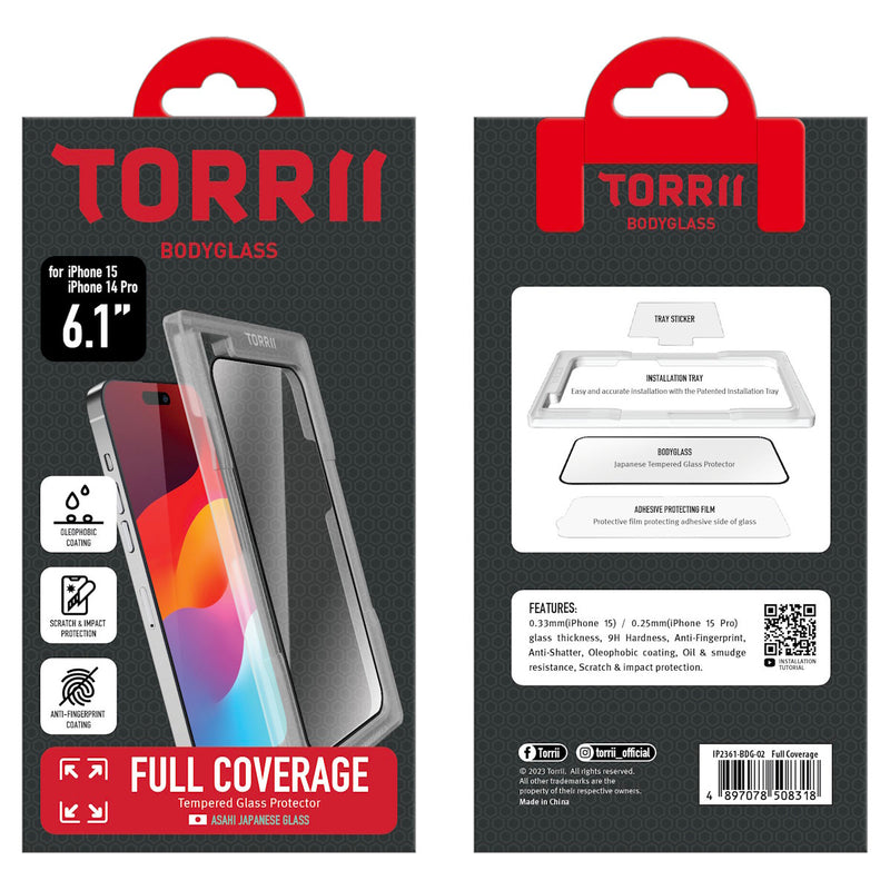 Torrii Full Coverage BODYGLASS screen protector for iPhone 15