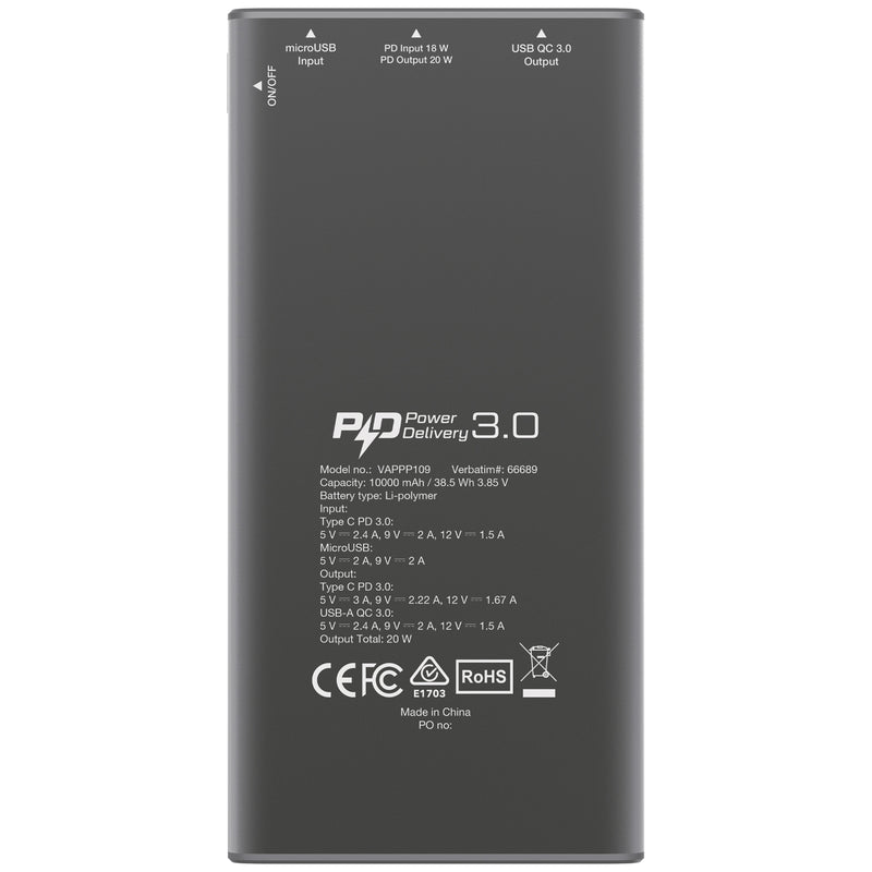 VERBATIM 10000mAh 20W PD & QC 3.0 流動充電池