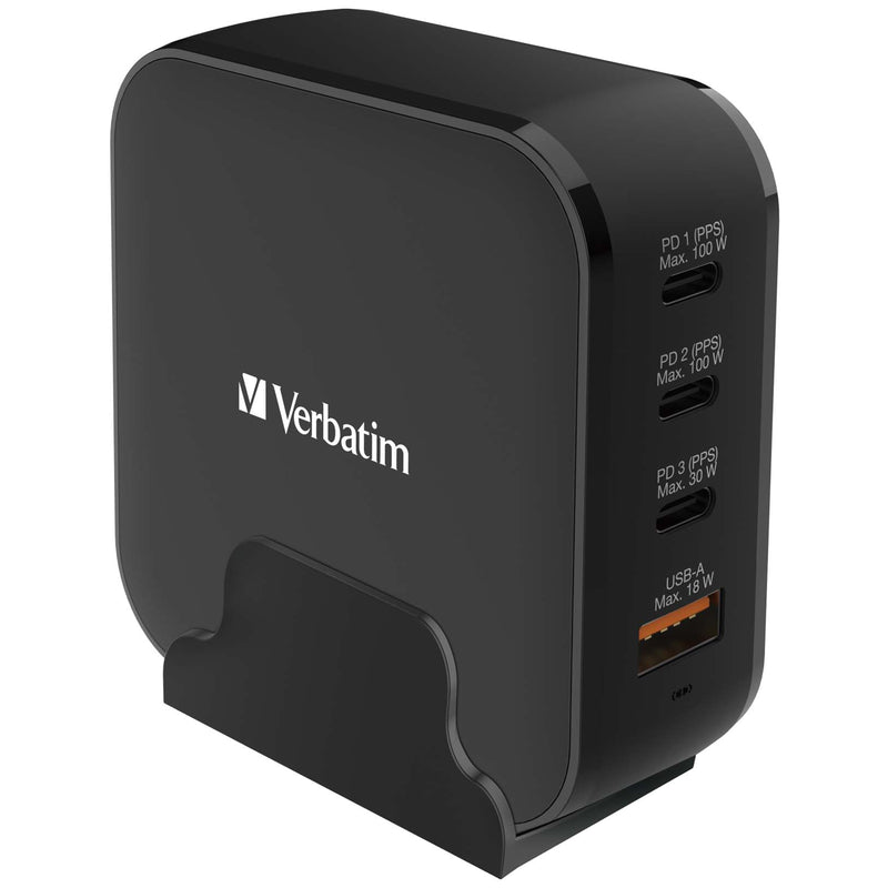 VERBATIM 4 Port 150W PD & QC 3.0 GaN Charger (with AC Power Cord & Stand)