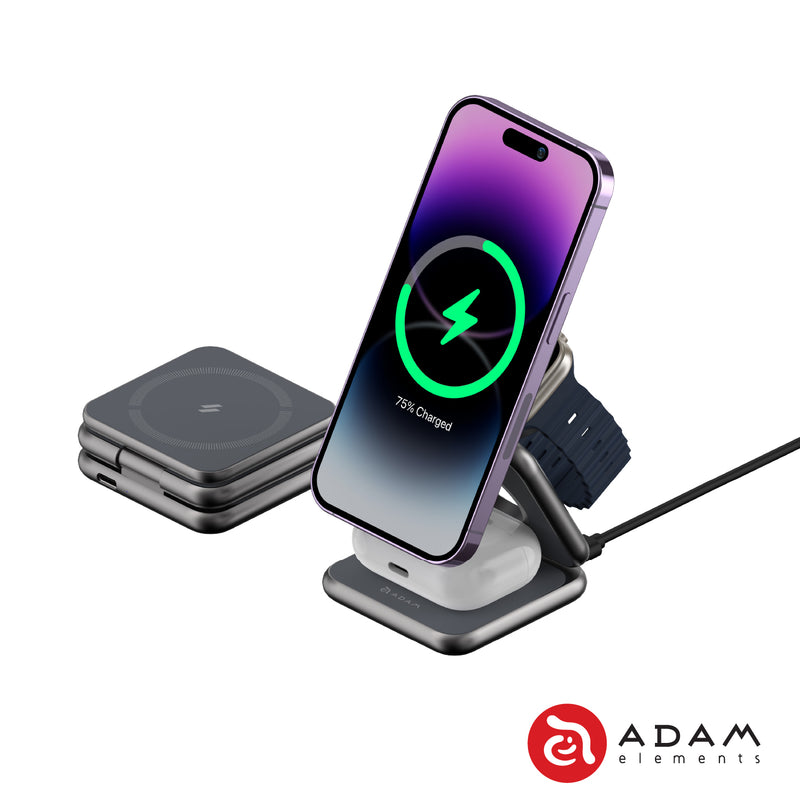 Adam Elements Mag 3 Foldable 3-in-1 Travel Magnetic Wireless Charging Stand