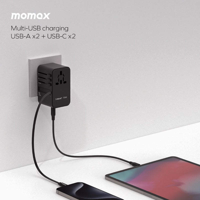 Momax UA18 1-World+ 70W GaN 3-Port w/ Built-in USB-C Cable + AC Travel Adaptor