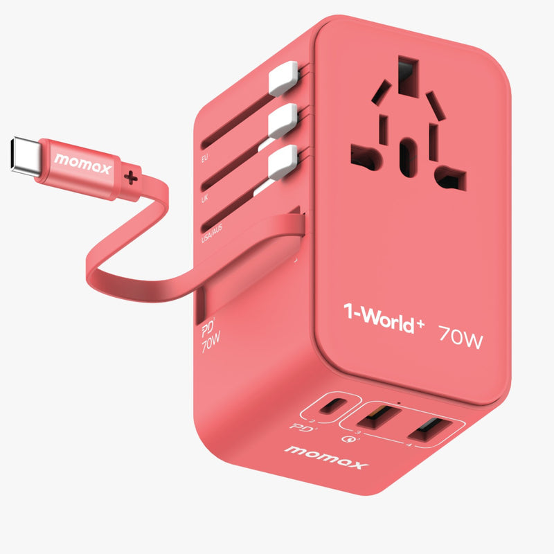 Momax UA18 1-World+ 70W GaN 3-Port w/ Built-in USB-C Cable + AC Travel Adaptor