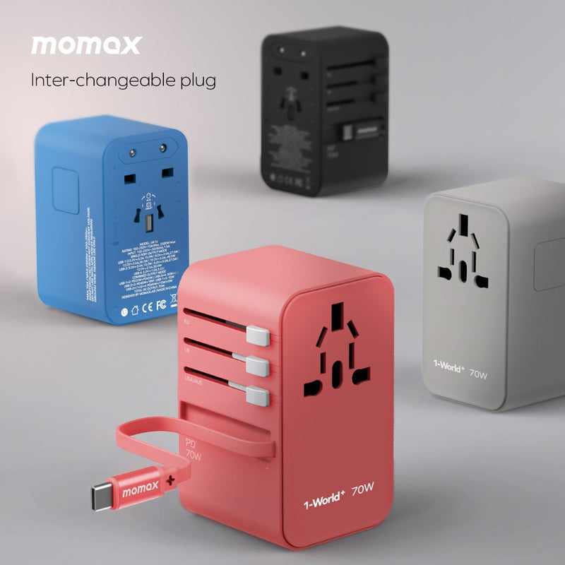 Momax UA18 1-World+ 70W GaN 3-Port w/ Built-in USB-C Cable + AC Travel Adaptor