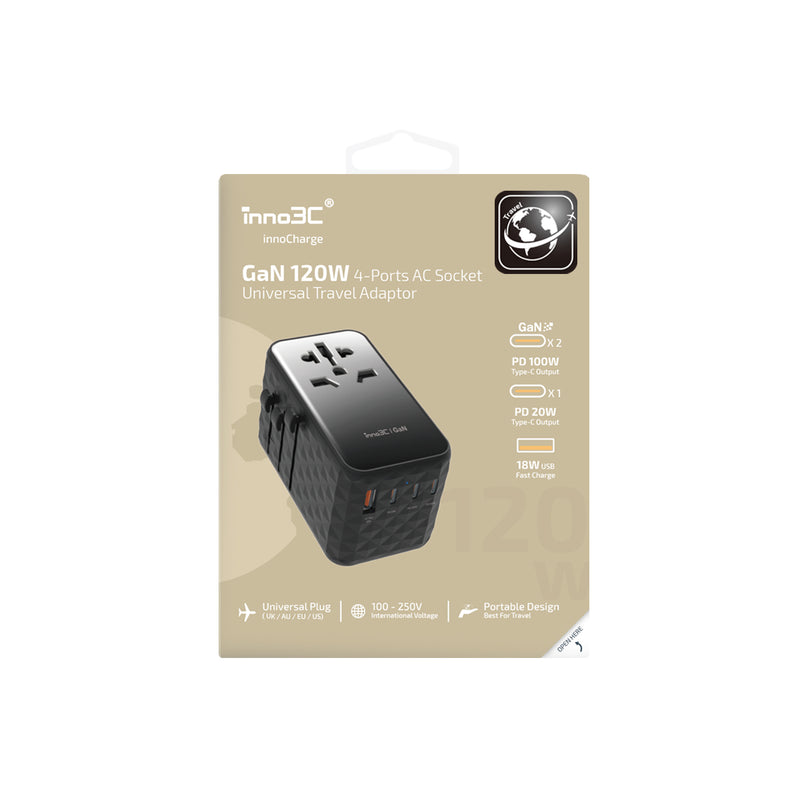 inno3C i-FT120 GaN 120W 4-Ports AC Socket Universal Travel Adaptor (Black)
