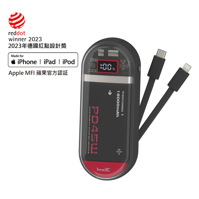 inno3C i-PB15 15000mAh 45W Fast Charging Powerbank with Build-in Cables