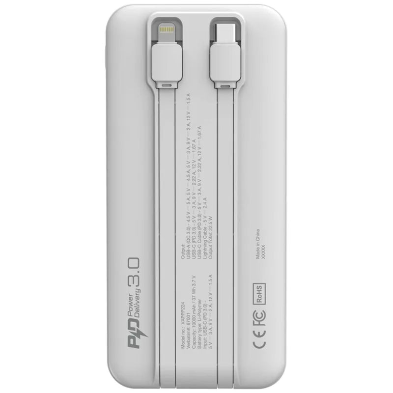 VERBATIM 10000mAh PD 3.0 和 QC 3.0 流動充電池連嵌入式充電線 移動電源