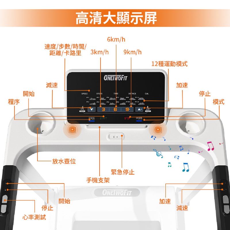 OneTwoFit OT058702 Home Folding Treadmill [with Bluetooth Audio] Connection APP