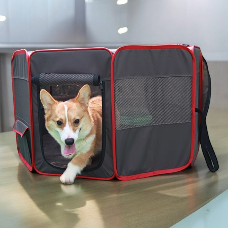 Petsfit 貓狗便攜式圍欄・可摺疊寵物帳篷產房 (灰紅色) 中碼