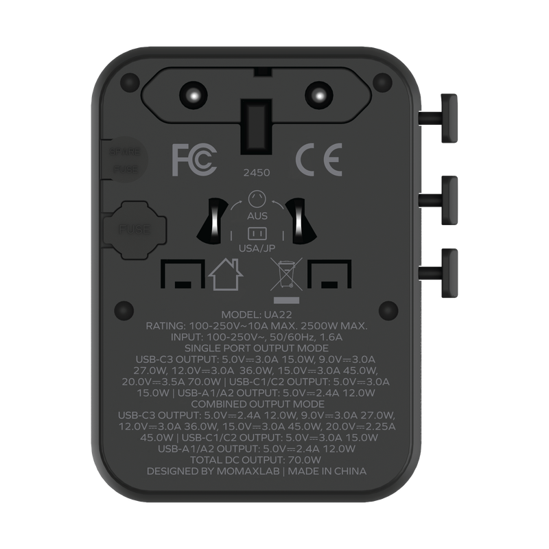 Momax 1-World2 70W 5-Port USB-C Dual AC Travel Adaptor UA22UK