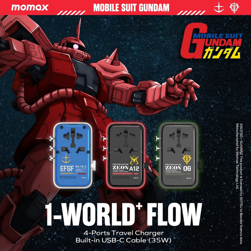 Momax 1-World Flow AC Travel Adapter 4 Port (35W) with Built-in USB-C Cable