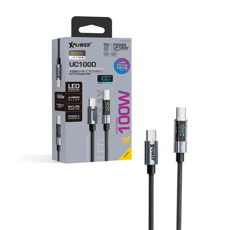 XPOWER UC100D LED顯示 100W USB-C to USB-C 高速傳輸充電線 1米