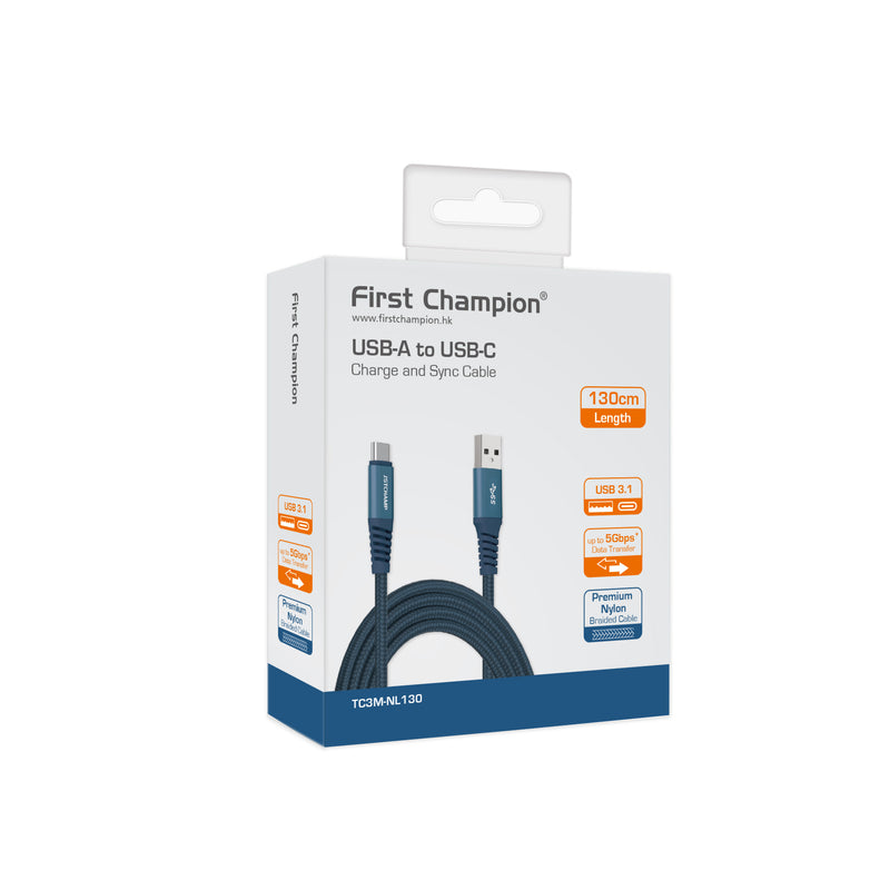 First Champion USB 3.1 Type-A 至 Type-C 連接線, 尼龍編織 130cm