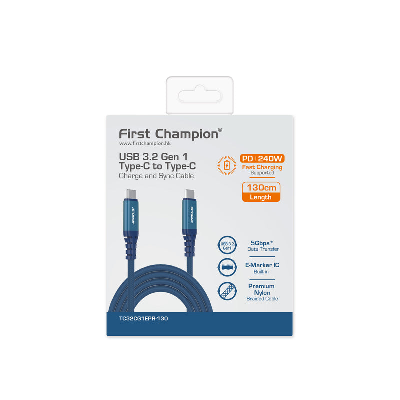 First Champion FIRST CHAMPION USB 3.2 Gen 1 Type-C 至 Type-C Cable, 240W, 尼龍編織 130cm (藍)