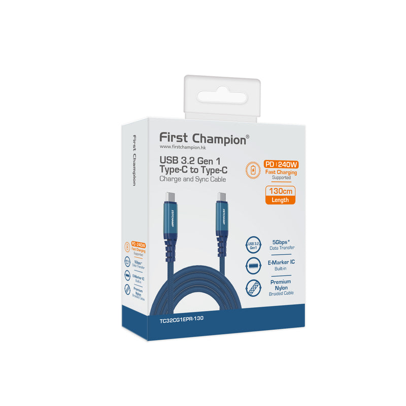 First Champion FIRST CHAMPION USB 3.2 Gen 1 Type-C 至 Type-C Cable, 240W, 尼龍編織 130cm (藍)