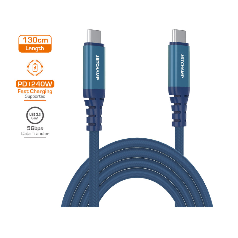 First Champion FIRST CHAMPION USB 3.2 Gen 1 Type-C 至 Type-C Cable, 240W, 尼龍編織 130cm (藍)