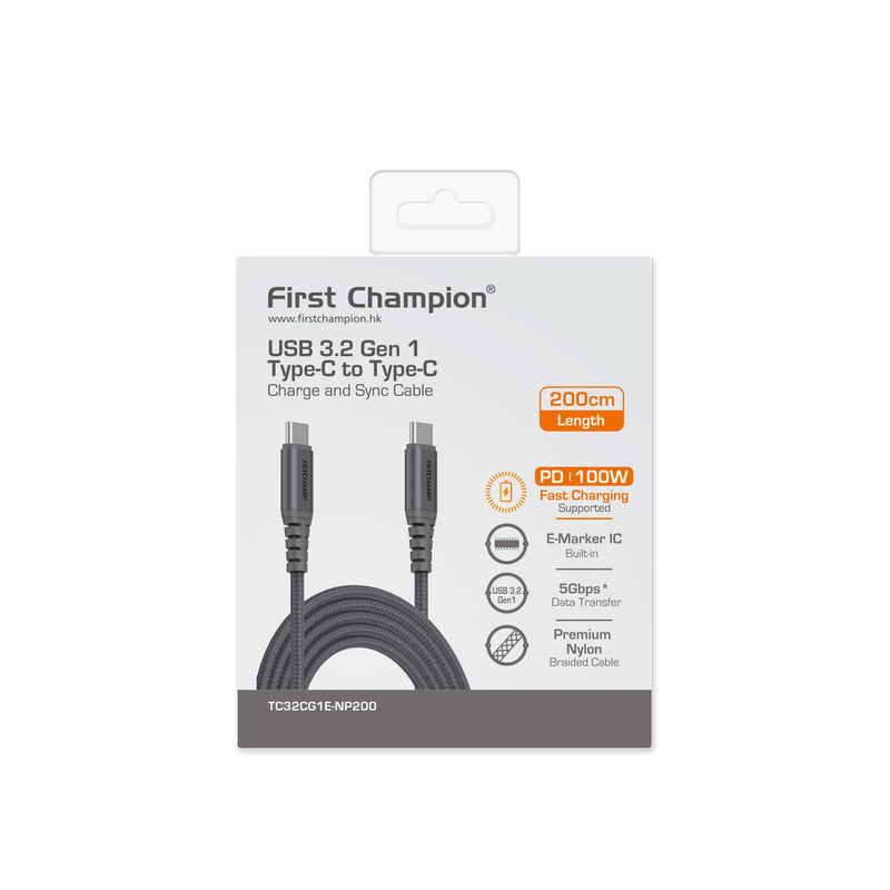 First Champion USB 3.2 Gen 1 Type-C to Type-C Cable, 100W, Nylon Braided 200cm