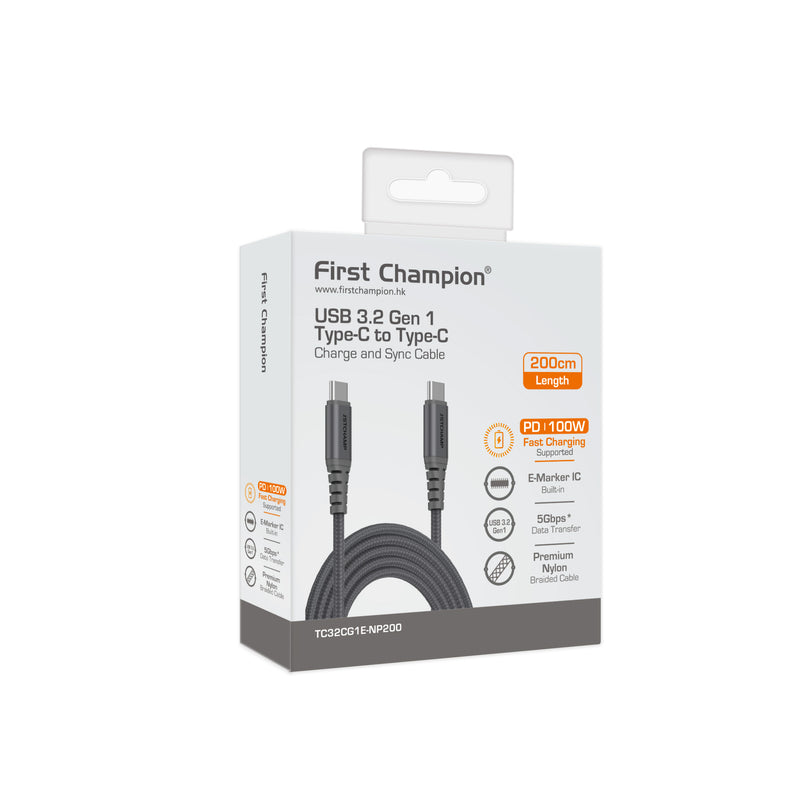 First Champion USB 3.2 Gen 1 Type-C to Type-C Cable, 100W, Nylon Braided 200cm