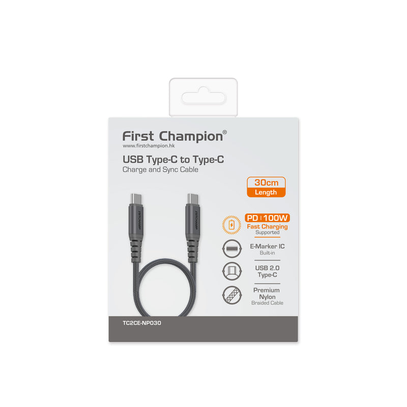 First Champion USB 2.0 Type-C 至 Type-C Cable, 100W, 尼龍編織 30cm