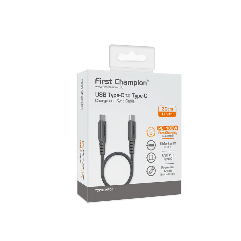 First Champion USB 2.0 Type-C 至 Type-C Cable, 100W, 尼龍編織 30cm