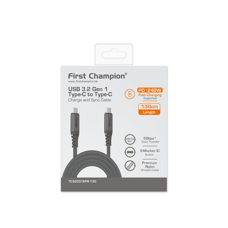 First Champion FIRST CHAMPION USB 3.2 Gen 1 Type-C 至 Type-C Cable, 240W, 尼龍編織 130cm (灰)