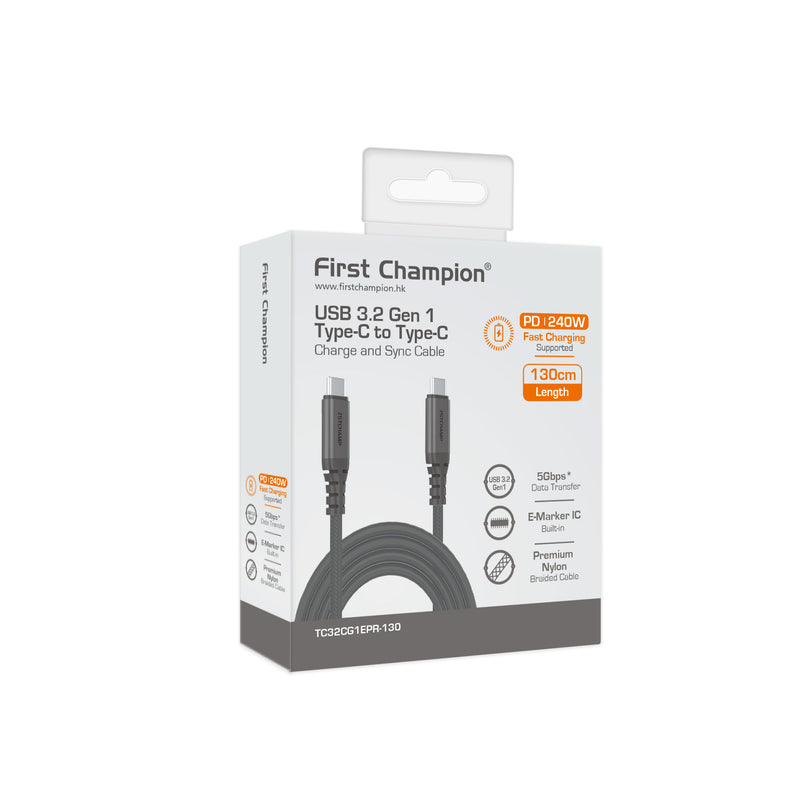 First Champion FIRST CHAMPION USB 3.2 Gen 1 Type-C 至 Type-C Cable, 240W, 尼龍編織 130cm (灰)