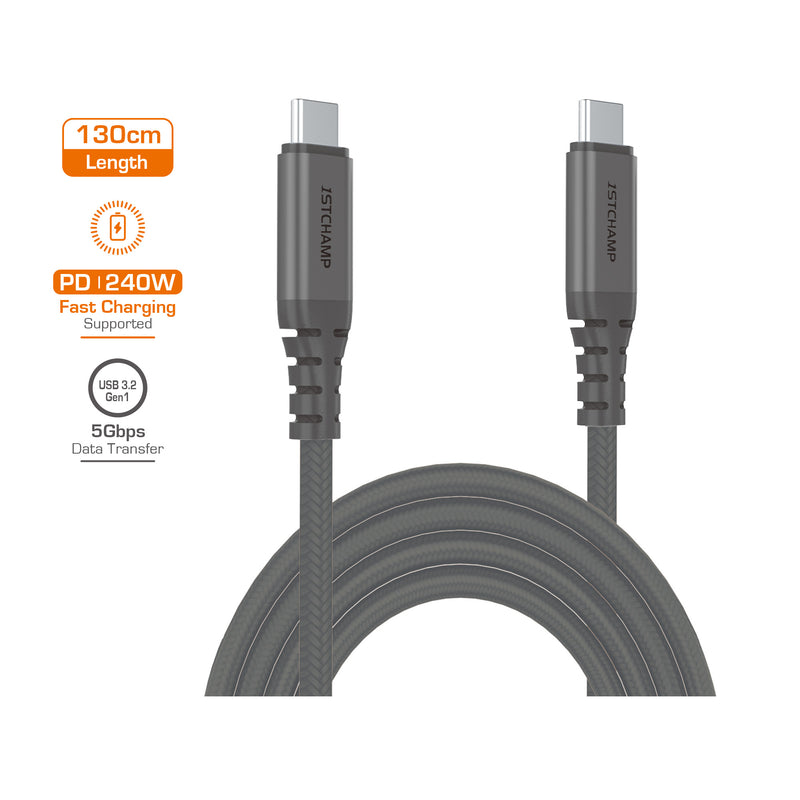 First Champion FIRST CHAMPION USB 3.2 Gen 1 Type-C 至 Type-C Cable, 240W, 尼龍編織 130cm (灰)