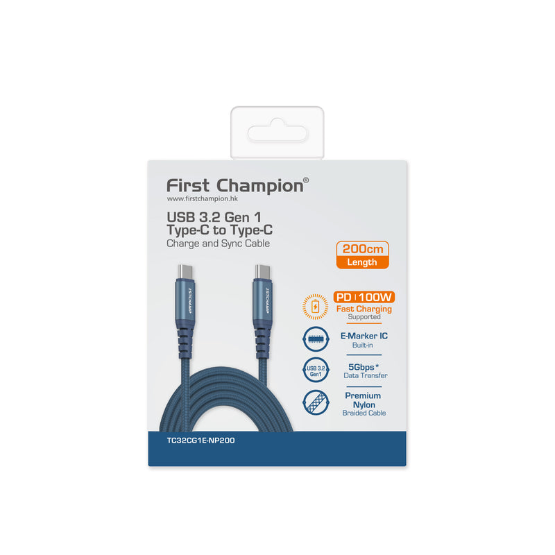First Champion USB 3.2 Gen 1 Type-C to Type-C Cable, 100W, Nylon Braided 200cm