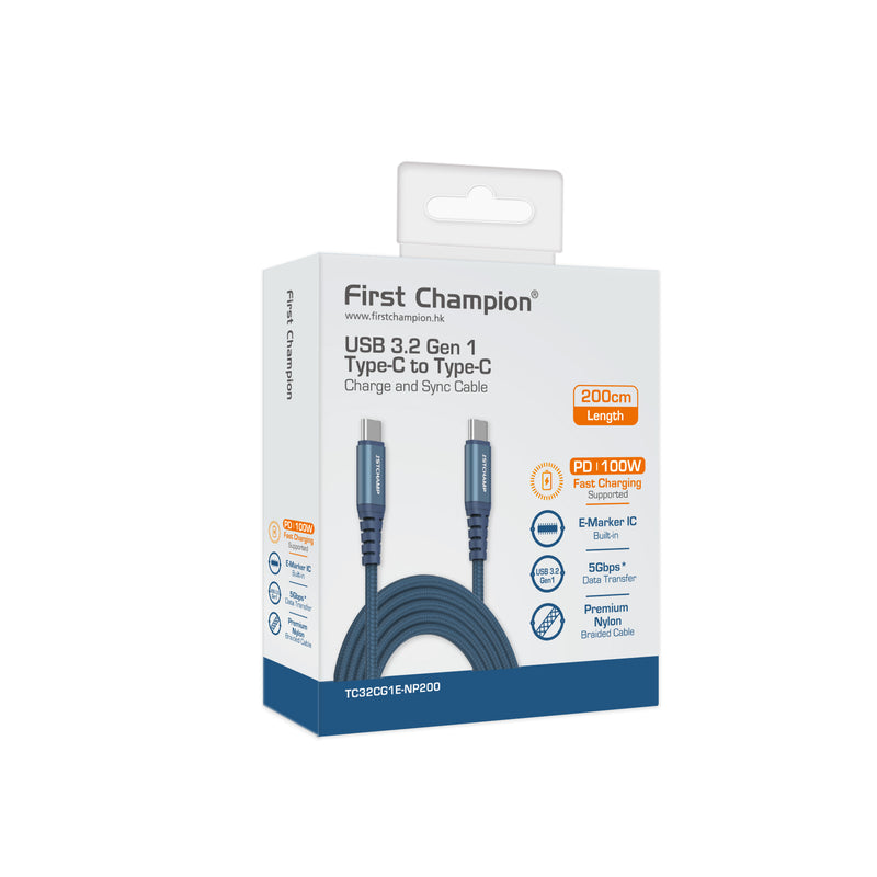 First Champion USB 3.2 Gen 1 Type-C to Type-C Cable, 100W, Nylon Braided 200cm