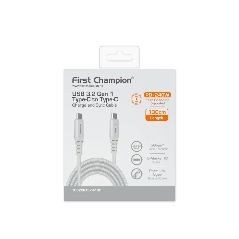 First Champion USB 3.2 Gen 1 Type-C 至 Type-C Cable, 240W, 尼龍編織 130cm