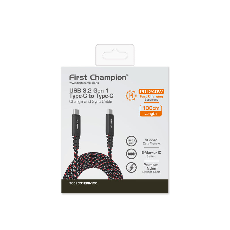 First Champion USB 3.2 Gen 1 Type-C 至 Type-C Cable, 240W, 尼龍編織 130cm
