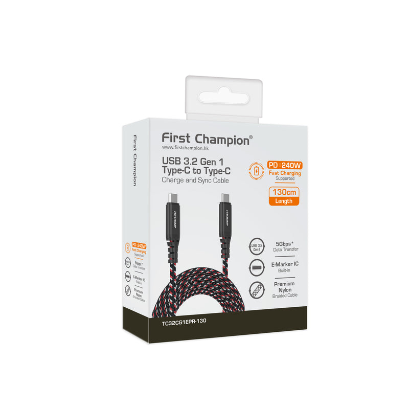First Champion USB 3.2 Gen 1 Type-C 至 Type-C Cable, 240W, 尼龍編織 130cm