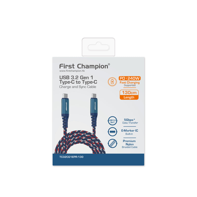 First Champion USB 3.2 Gen 1 Type-C 至 Type-C Cable, 240W, 尼龍編織 130cm