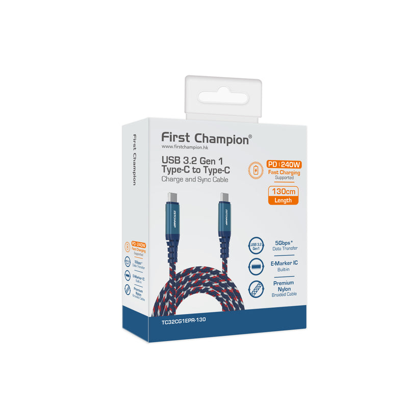 First Champion USB 3.2 Gen 1 Type-C 至 Type-C Cable, 240W, 尼龍編織 130cm