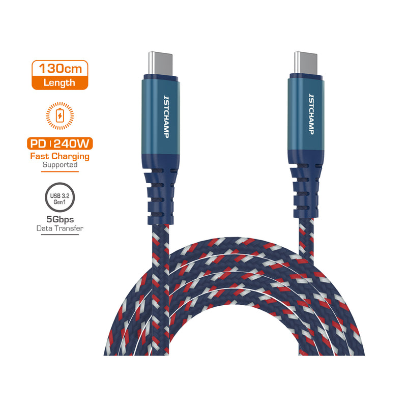 First Champion USB 3.2 Gen 1 Type-C 至 Type-C Cable, 240W, 尼龍編織 130cm