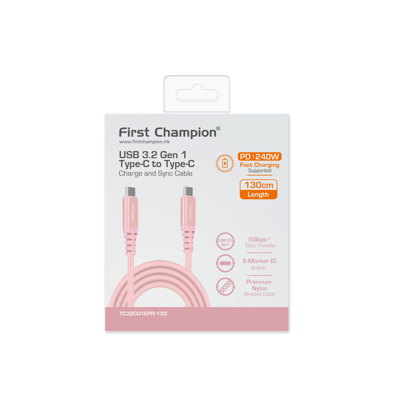 First Champion USB 3.2 Gen 1 Type-C 至 Type-C Cable, 240W, 尼龍編織 130cm