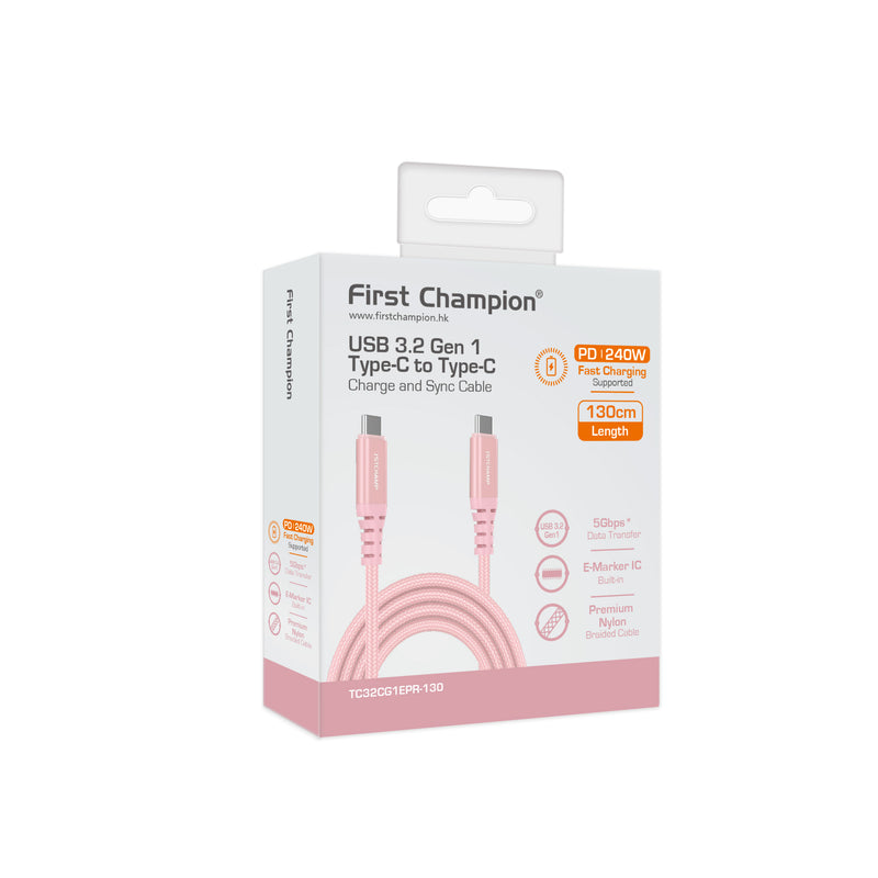 First Champion USB 3.2 Gen 1 Type-C 至 Type-C Cable, 240W, 尼龍編織 130cm