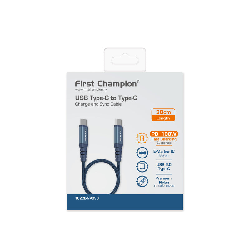First Champion USB 2.0 Type-C 至 Type-C Cable, 100W, 尼龍編織 30cm