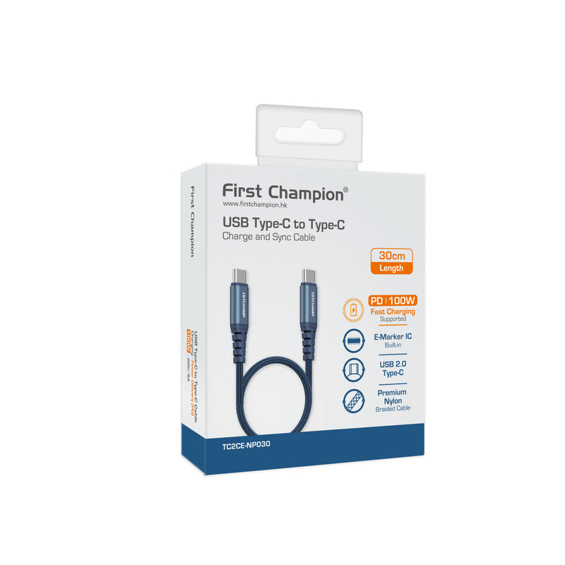 First Champion USB 2.0 Type-C 至 Type-C Cable, 100W, 尼龍編織 30cm