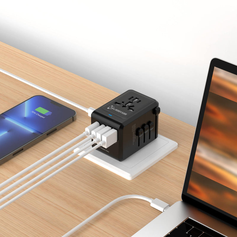 TecADVISOR 70W 手提電腦 GaN PD 6合1多功能旅行轉換插頭，配備5個USB接口與Hub集線器