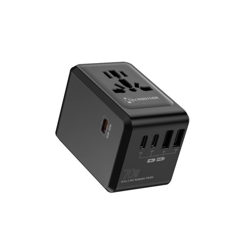 TecADVISOR 70W 手提電腦 GaN PD 6合1多功能旅行轉換插頭，配備5個USB接口與Hub集線器