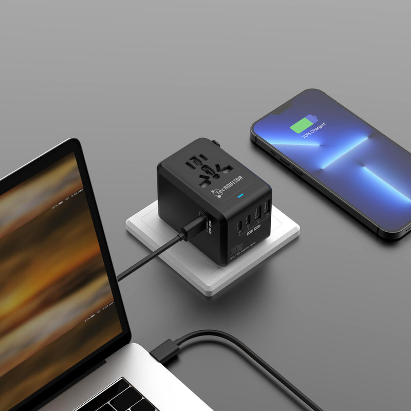 TecADVISOR 70W 手提電腦 GaN PD 6合1多功能旅行轉換插頭，配備5個USB接口與Hub集線器