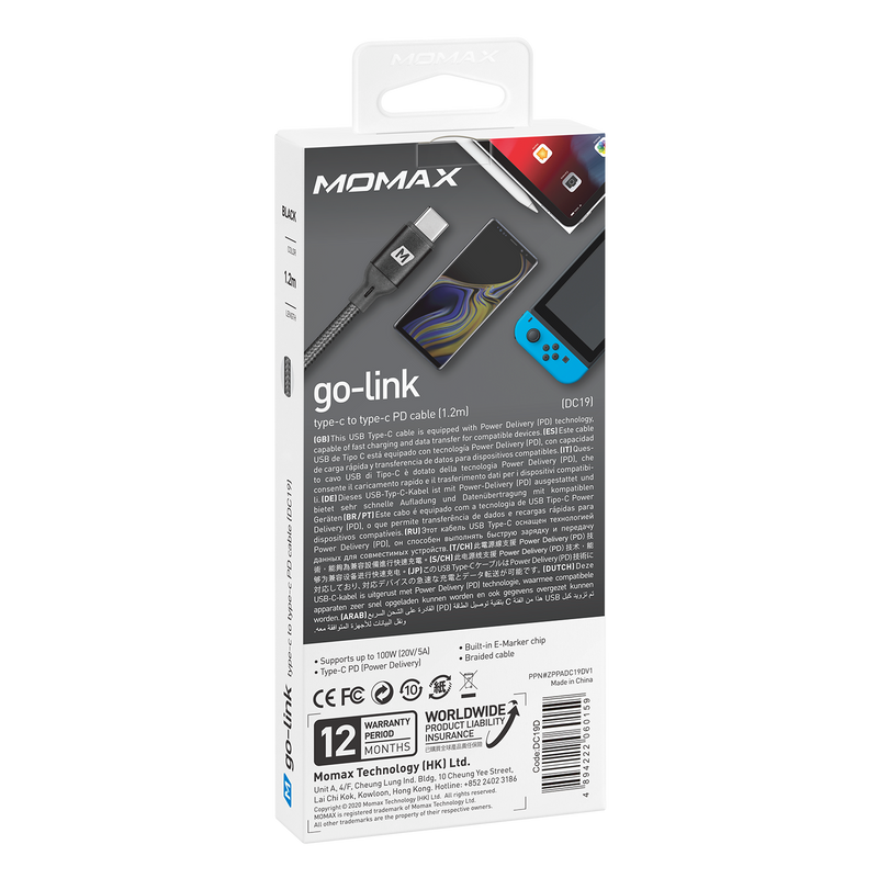 Momax GO LINK USB-C to USB-C 100W 1.2m 編織紋連接線 接線